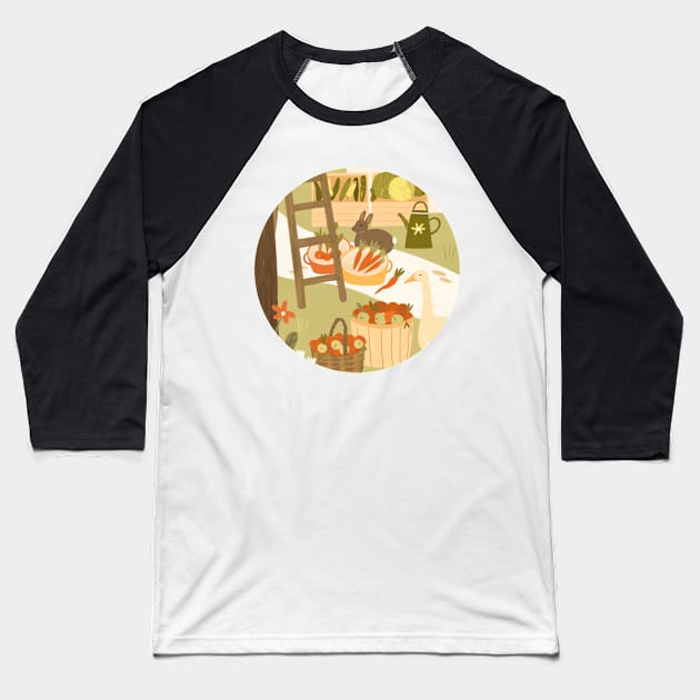 Farm bunny and goose surrounded by apple baskets Baseball T-Shirt by mikhaleeevich